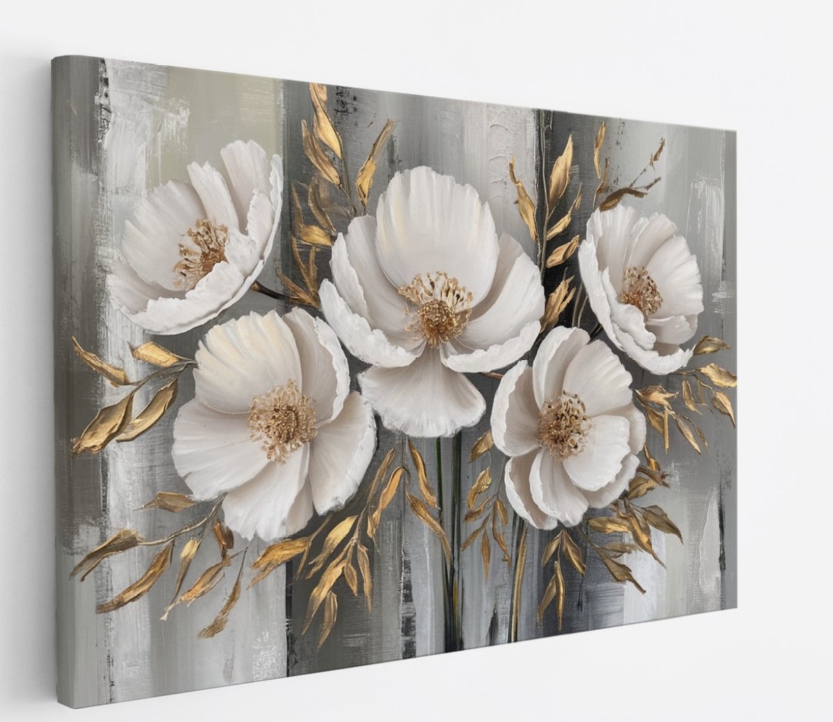 Saammp Canvas Schilderij - Abstracte bloemen met goud - 60x40 - Foto op canvas - Wanddecoratie - Muurdecoratie Woonkamer - Kantoor Decoratie Multicolor