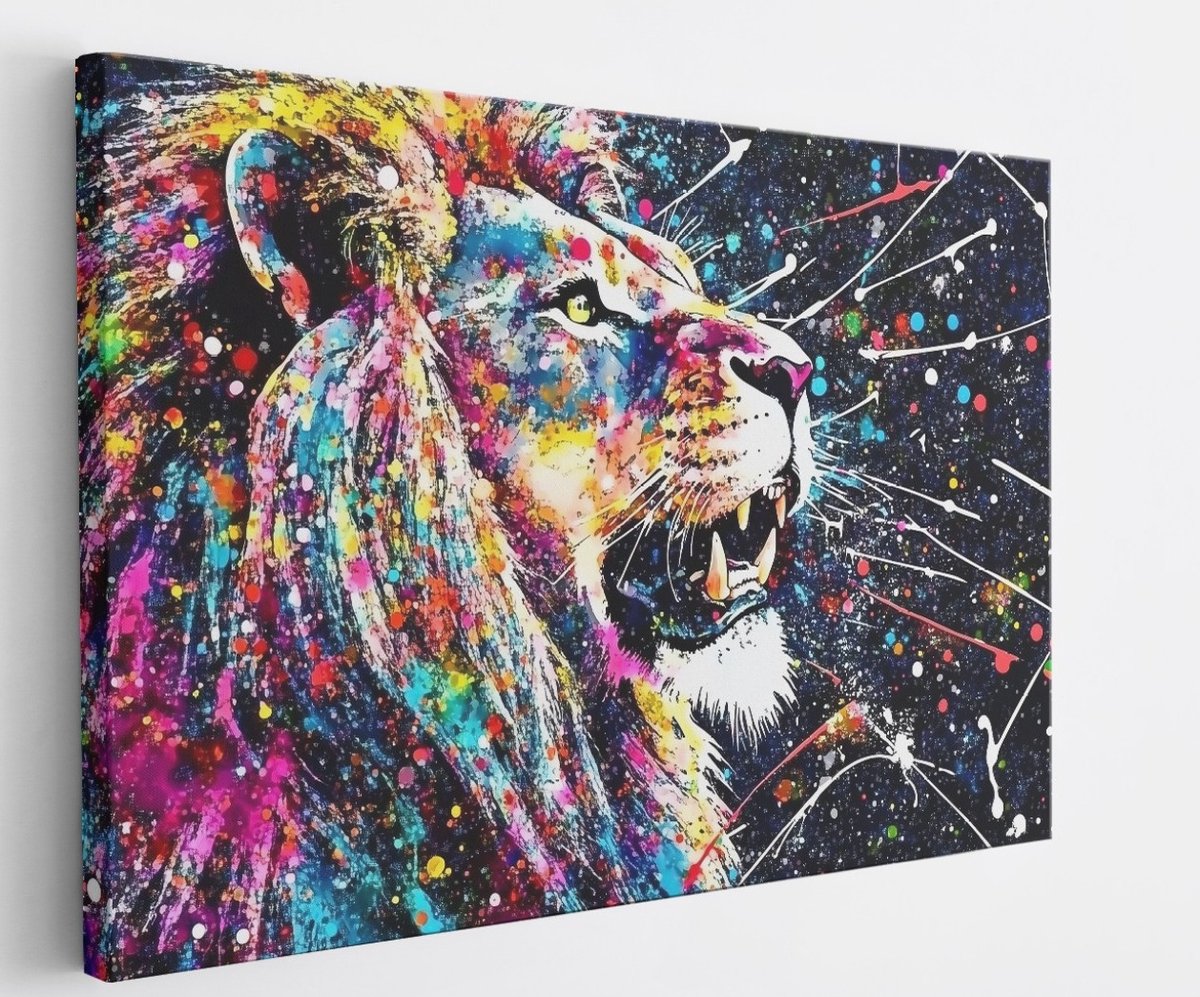 Saammp Canvas Schilderij - Kleurrijke Leeuw - verfspetters - Abstract - 70x50 - Foto op canvas - Wanddecoratie - Muurdecoratie Woonkamer - Slaapkamer decoratie - Canvas Print Multicolor