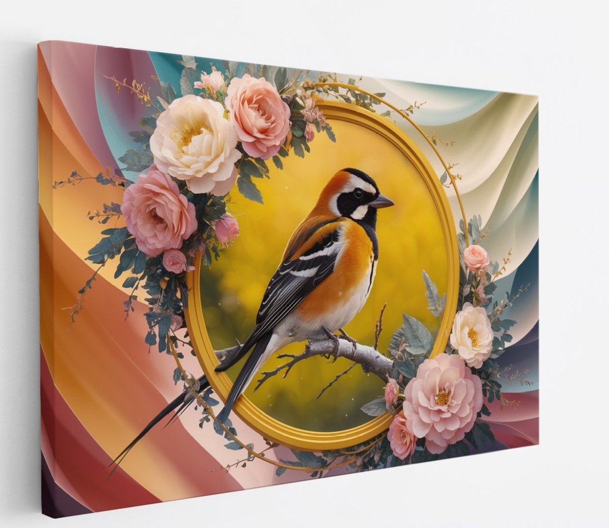 Saammp Canvas Schilderij - Vogel met Bloemen - Abstract - 90x60 - Foto op canvas - Wanddecoratie - Muurdecoratie Woonkamer - Kantoor Decoratie Multicolor