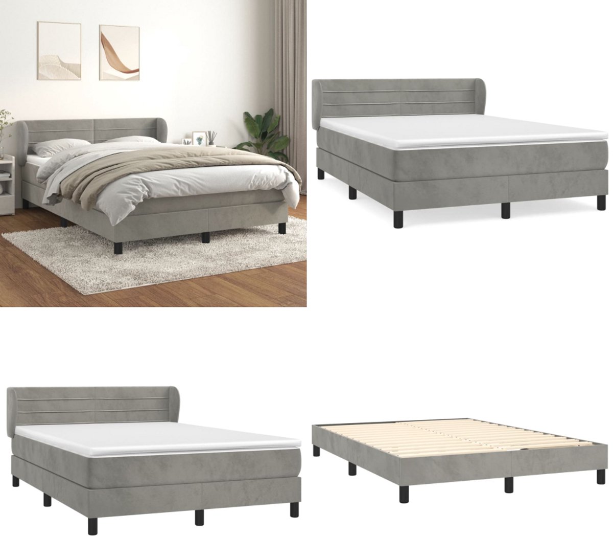 vidaXL Boxspring met matras fluweel lichtgrijs 140x200 cm - Boxspring - Boxsprings - Bed - Slaapmeubel