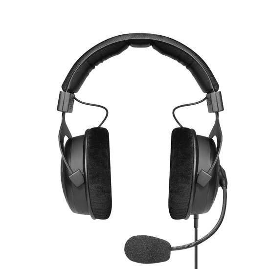 Zwarte Beyerdynamic MMX 330 PRO gaming headset met microfoon en zwarte fluwelen oorkussens.
