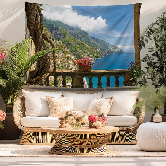 Ulticool - Vue Balcon Montagnes Mer Nature - Affiche Tapisserie - 200x150 cm - Groot tapisserie - Affiche Jardin Tapisserie