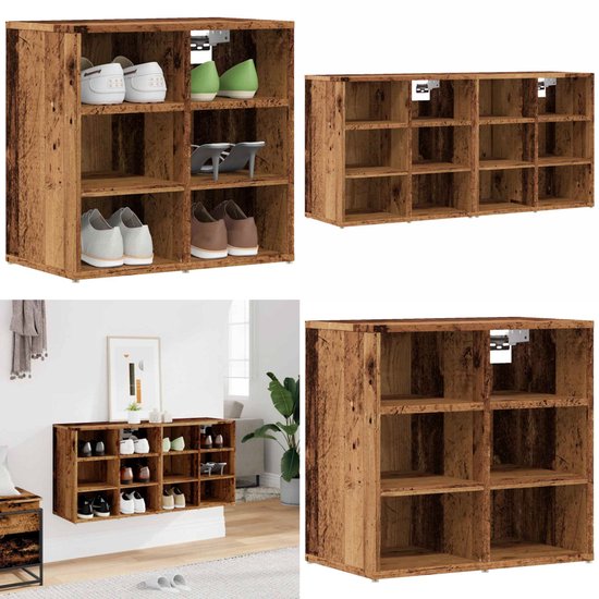 Schoenenkast, schoenenrek van gevlamde houten kisten, schoenenrek, schoenenrek voor kinderen en volwassenen, stabiel rek in fruitkistenlook (dubbele lengte 50 x 40 x 29 cm, 1-delige set