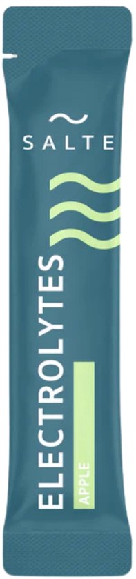 Blauwgroen sachet met "Salte Electrolytes Apple" erop.