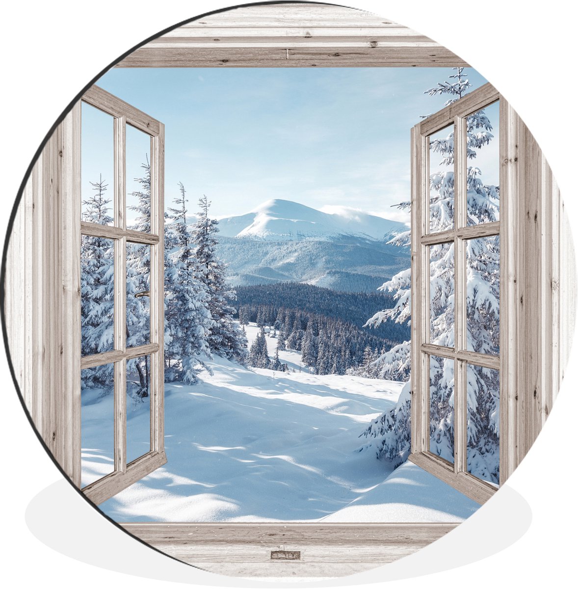 WallCircle Wandcirkel - Muurcirkel - Doorkijk - Winter - Landschap - Natuur - Berg - Bomen - Wit - Aluminium - Dibond - 60x60 cm - Binnen en Buiten