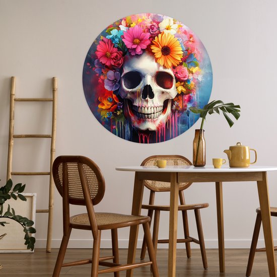 WallCircle® - Behangcirkel 100x100 cm - Muurstickers Schedel - Bloemen - Doodshoofd - Kleurrijk - Muurcirkel woonkamer - Wandcirkel slaapkamer - Kamer decoratie zelfklevend - Muurdecoratie accessoires XXL