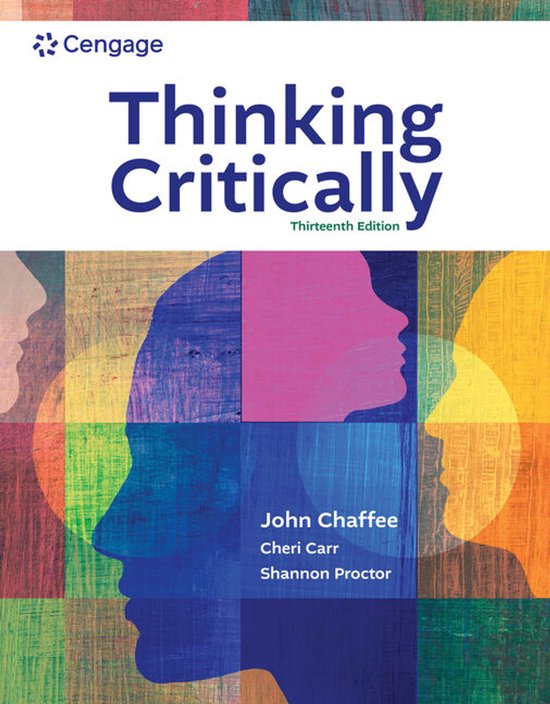 Boek 'Thinking Critically' dertiende editie, met de titel in paars en blauw op een kleurrijke achtergrond van gezichtsprofielen in silhouet.