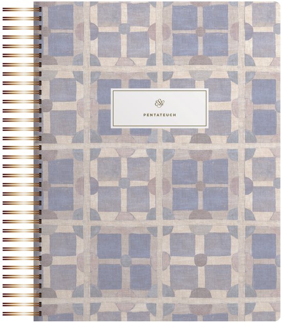 Spiraalgebonden dagboek met PENTATEUCH-opdruk in blauw met geometrisch patroon en gouden spiraalbinding.