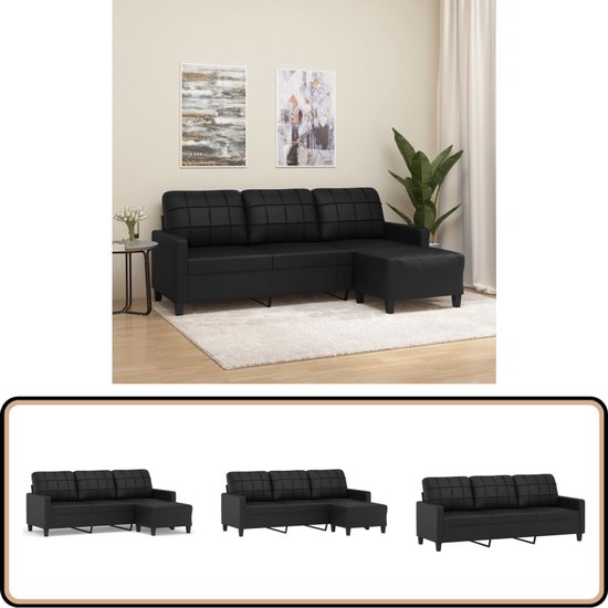 Zwarte driezitsbank met chaise longue en voetenbank, gestoffeerd in kunstleer met vierkante stiksels.