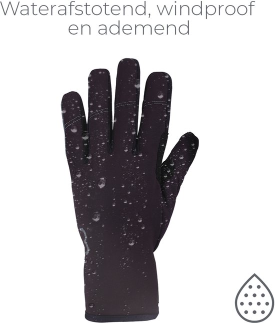 Zwarte fietshandschoen met waterdruppels, witte stiksels en '3' logo. Tekst: 'Waterafstotend, windproof en ademend'.