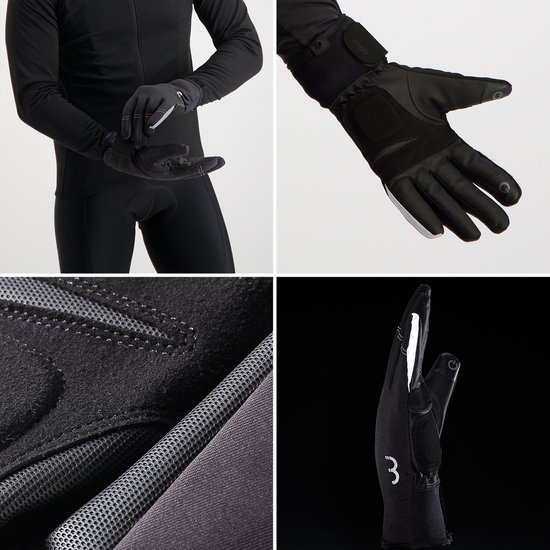 Collage van vier afbeeldingen: man met fietskleding trekt handschoenen aan, detail van handschoen met versterking, textieldetail en handschoen met logo.