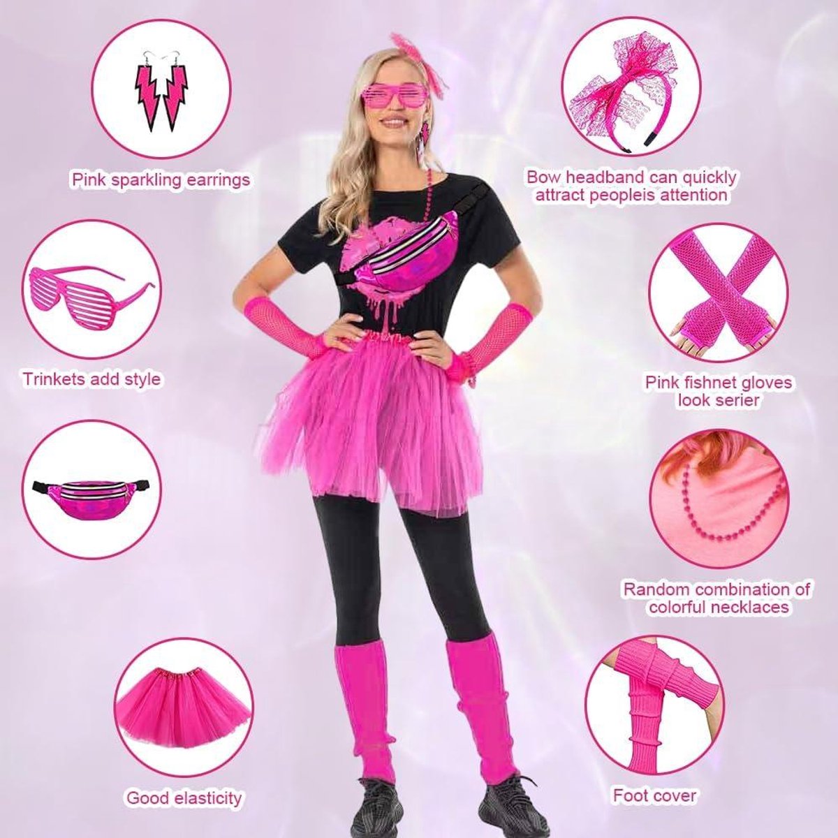 MIVORA 90s 80s-stijl outfit voor dames, 90s-kostuum accessoires, mesh-top, haarband, beenwarmers, halsketting, bril en oorbellen, 80s Schlagerparty voor carnaval neon feest, groen, One size