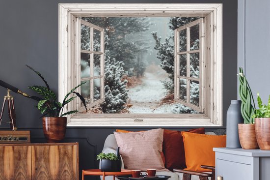 Stickers muraux - Film autocollant - Forêt - Hiver - Arbres - Nature - Chemin - Vue - Wit - 160x120 cm - Film adhésif - Stickers muraux chambre enfant - Papier peint autocollant XXL - Papier peint autocollant - Film autocollant