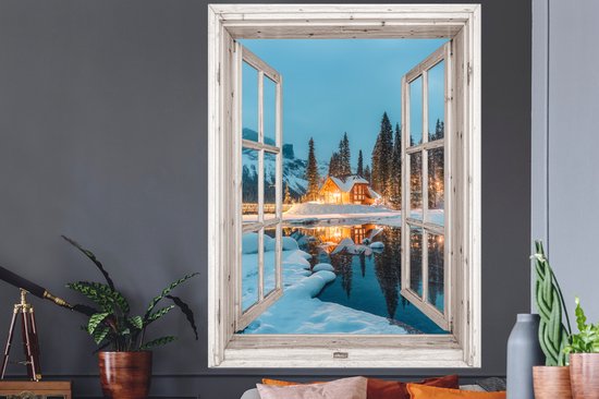 Stickers muraux - Film autocollant - Transparent - Paysage d'hiver - Nature - Maison - Montagnes - 120x160 cm - Film adhésif - Stickers muraux chambre enfant - Papier peint autocollant XXL - Papier peint autocollant - Film autocollant