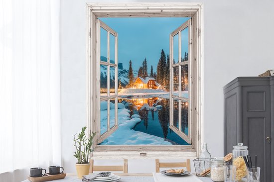 Stickers muraux - Film autocollant - Transparent - Paysage d'hiver - Nature - Maison - Montagnes - 120x160 cm - Film adhésif - Stickers muraux chambre enfant - Papier peint autocollant XXL - Papier peint autocollant - Film autocollant