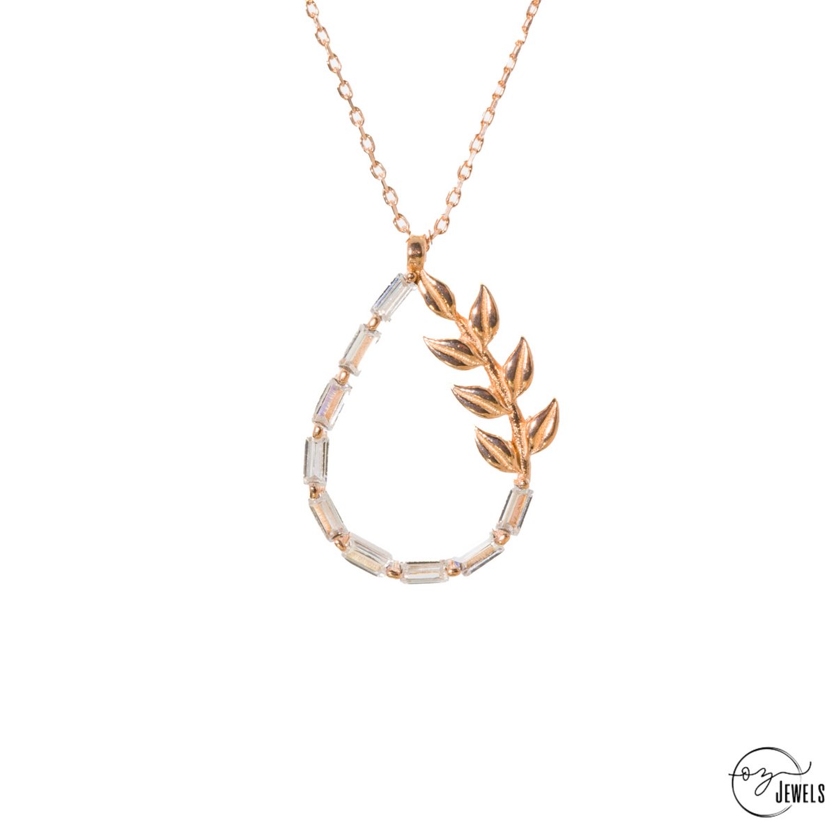 OZ Jewels – Olijftak Glans Ketting – Roségoud – Zilver – Zirkonia – Dames