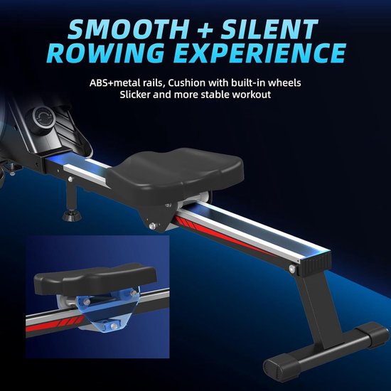 Roeimachine met een gladde, zwarte zitting en een metalen rail met rode accenten. De focus ligt op de soepele en stille roeibeleving.