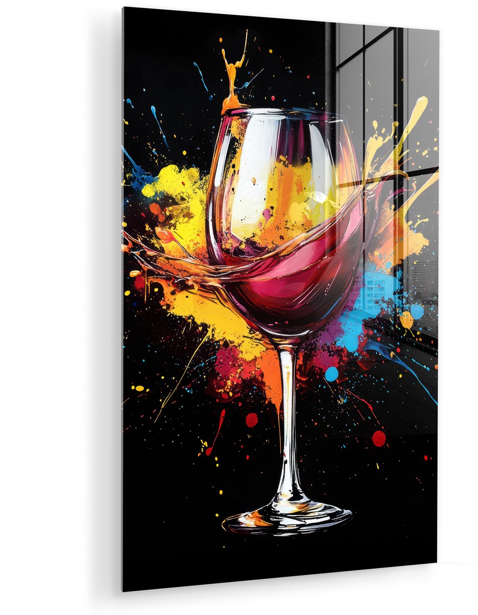 MuchoWow® Glasschilderij 120x180 cm - Schilderij acrylglas - Wijn - Glas - Graffiti - Borrel - Rood - Verf - Foto op glas - Muurdecoratie woonkamer - Wanddecoratie slaapkamer - Schilderijen