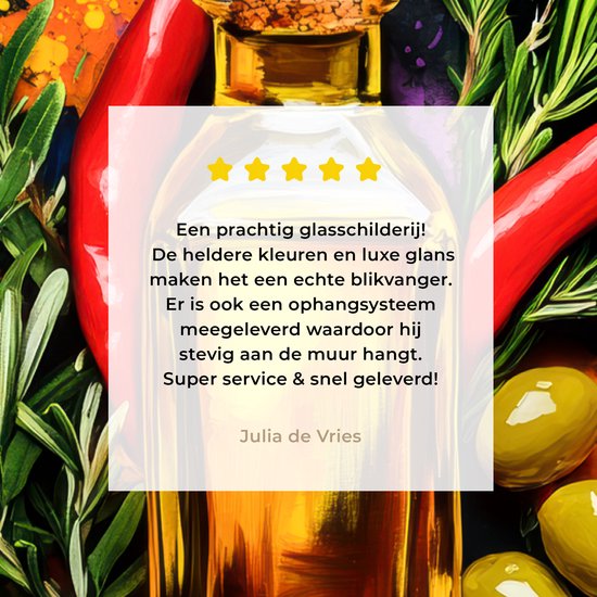 MuchoWow® Glasschilderij 80x120 cm - Schilderij acrylglas - Olijfolie - Graffiti - Peper - Olijven - Modern - Foto op glas - Muurdecoratie woonkamer - Wanddecoratie slaapkamer - Schilderijen