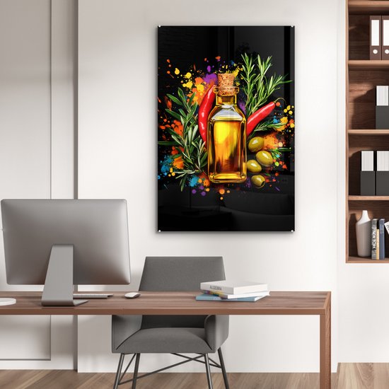MuchoWow® Glasschilderij 80x120 cm - Schilderij acrylglas - Olijfolie - Graffiti - Peper - Olijven - Modern - Foto op glas - Muurdecoratie woonkamer - Wanddecoratie slaapkamer - Schilderijen