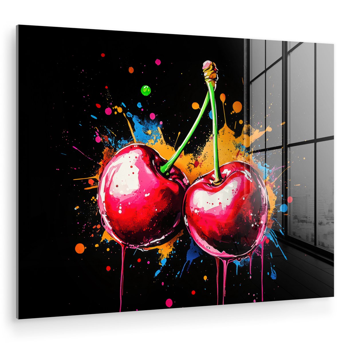 MuchoWow® Glasschilderij 160x120 cm - Schilderij acrylglas - Kersen - Fruit - Graffiti - Verf - Abstract - Modern - Kleurrijk - Foto op glas - Muurdecoratie woonkamer - Wanddecoratie slaapkamer - Schilderijen