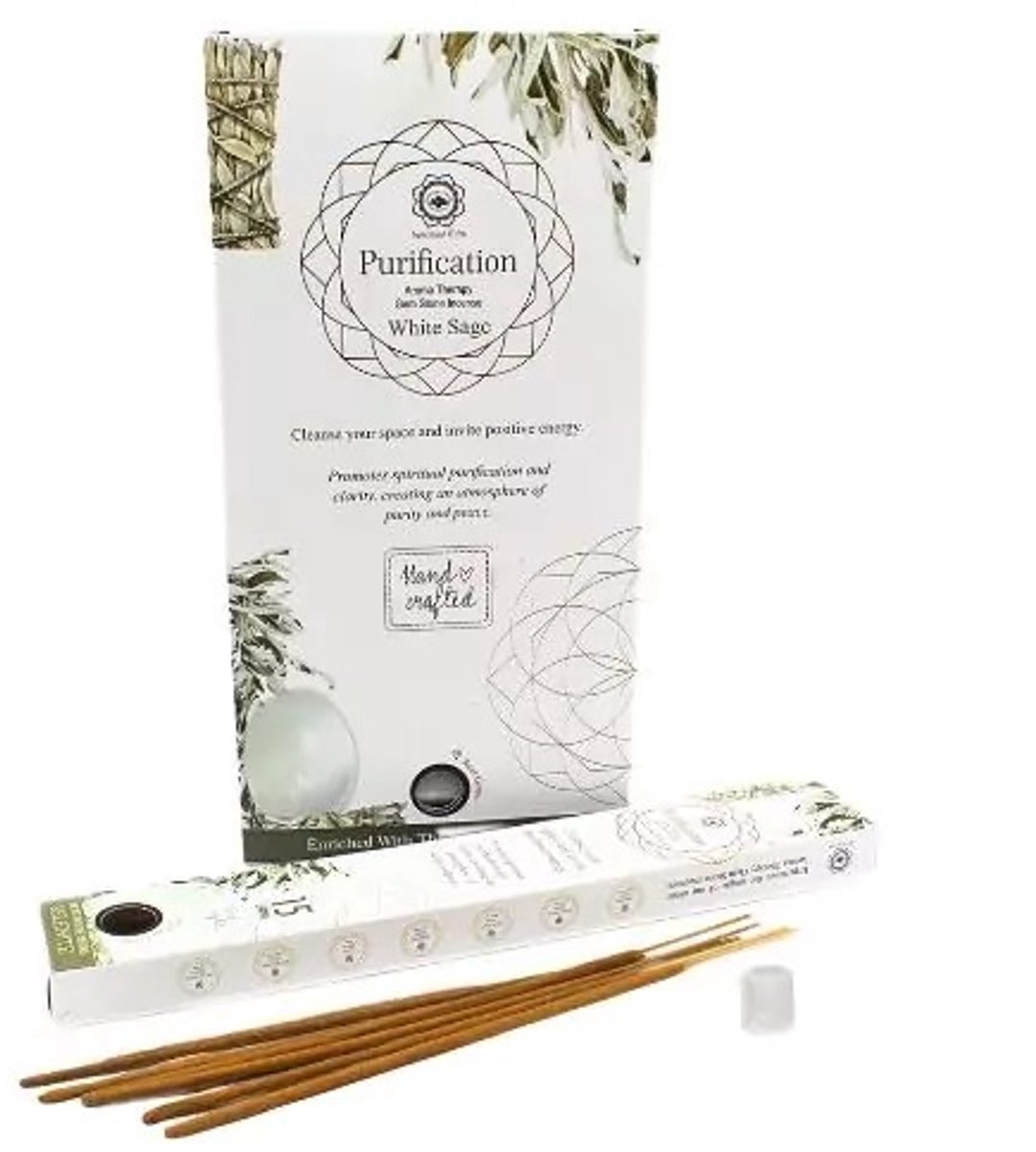 Green Tree - edelsteen wierook - geurstokjes - purification - witte salie - seleniet edelsteen - doos 12 stuks