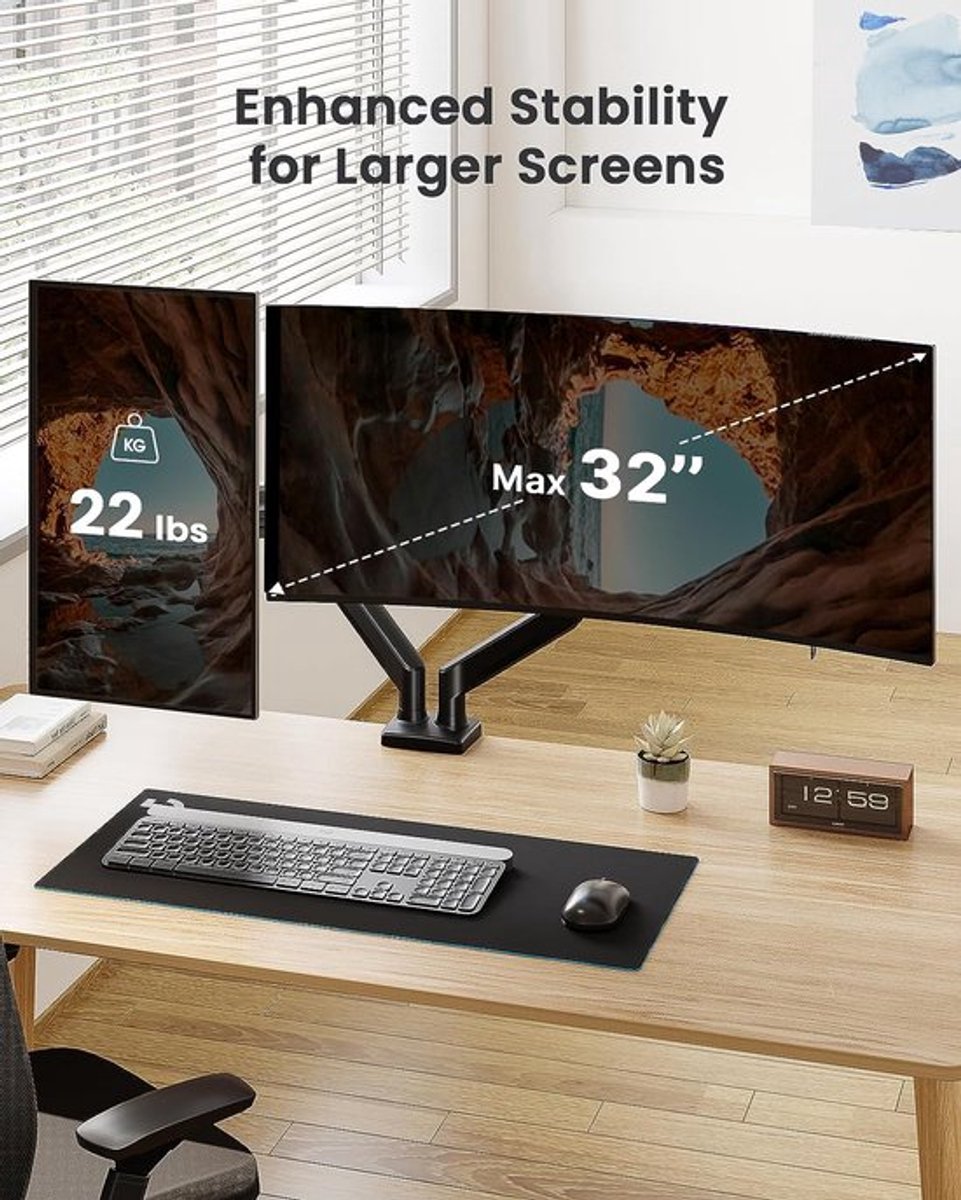 Sounix Dubbele Monitor arm - Tot 2x9kg - Monitor Beugel voor 13-32 Inch - Verstelbaar - Universeel - Zwart thumbnail 2