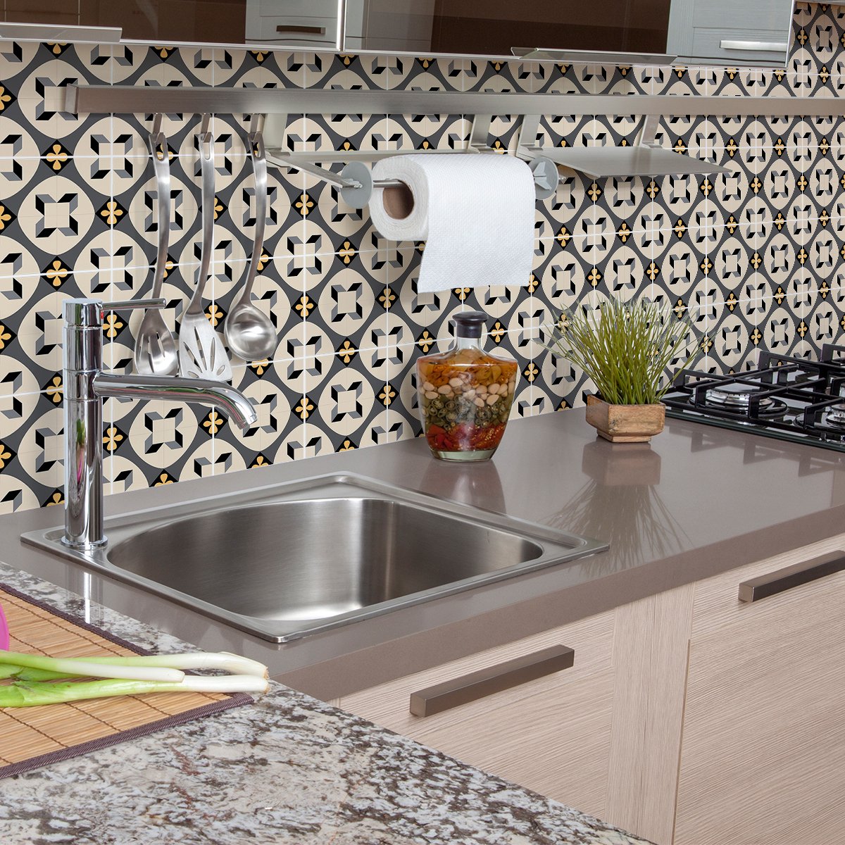 Ambiance Sticker Zelfklevende tegelmuurstickers voor keuken en badkamer - 9 cementtegelstickers, Azulejos Ninorio-stijl - 9 stickers, 15x15 cm Multi color