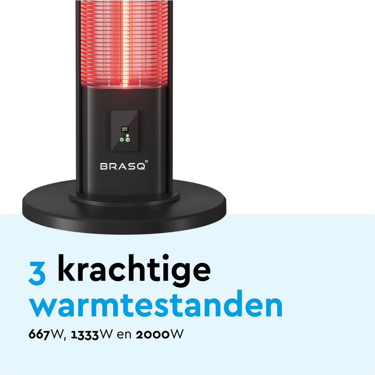 BRASQ Elektrische Terrasverwarmer staand – 2000 watt - 3 warmtestanden – met Afstandsbediening en timer – Infrarood heater – spatwaterdicht – verwarming voor binnen en buiten – Zwart – foto 4