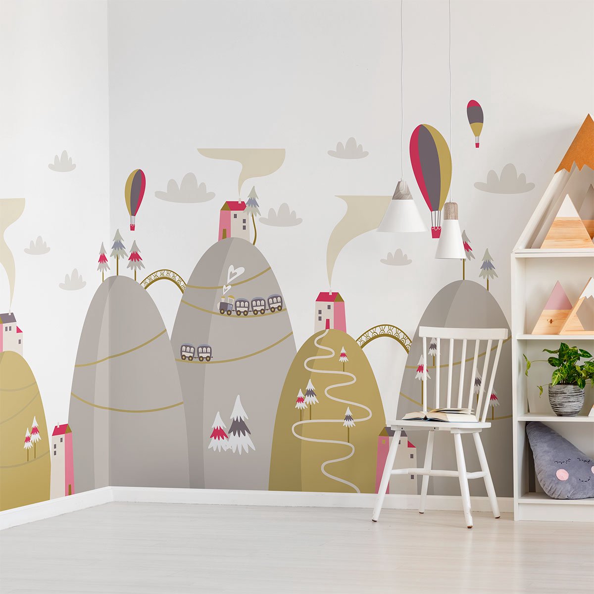 Ambiance Sticker Scandinavische bergstickers met heteluchtballonnen in actie, 70 x 105 cm Multi color