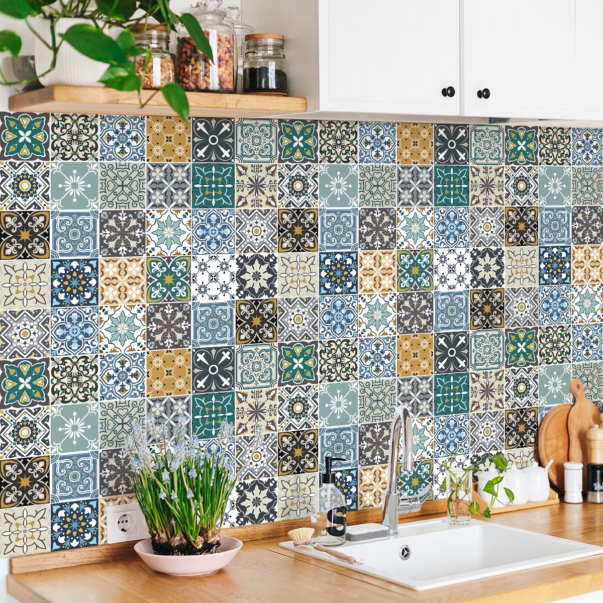 Ambiance Sticker Muurstickers - Zelfklevende tegelmuurstickers voor keuken en badkamer - 30 Pantelaria tegelstickers - 30 stickers 10x10cm Multi color