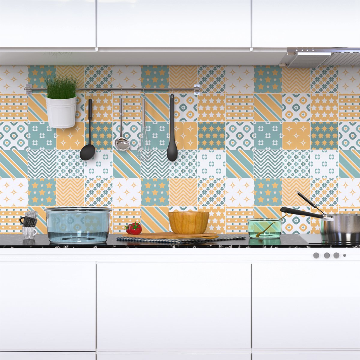 Ambiance Sticker Zelfklevende muurtegelstickers voor keuken en badkamer - 16 Scandinavische cementtegelstickers - 16 stickers, 20x20cm Multi color