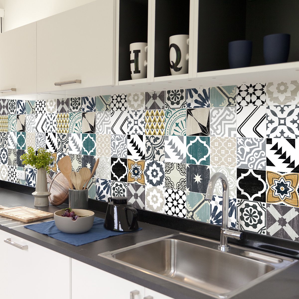 Ambiance Sticker Zelfklevende tegelmuurstickers voor keuken en badkamer - 30 authentieke Carlo cementtegelstickers - 30 stickers 15x15cm Multi color