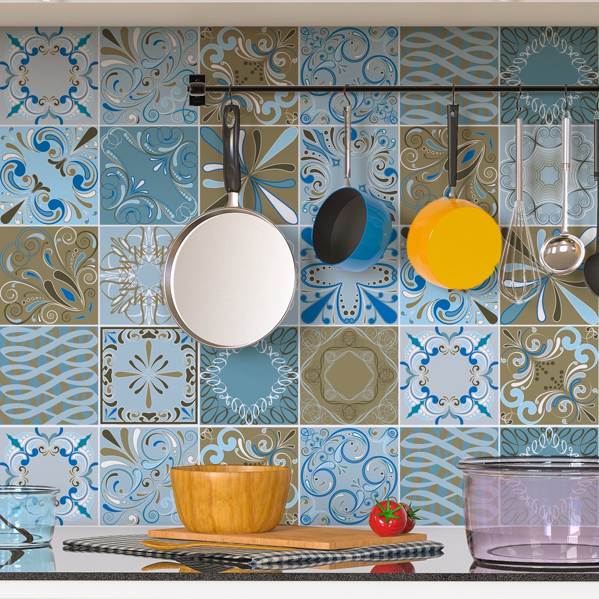 Ambiance Sticker Tegelstickers voor de muur in keuken en badkamer - 30 cementtegelstickers, Azulejos Melbourne-stijl - 30 stickers, 20x20 cm Multi color
