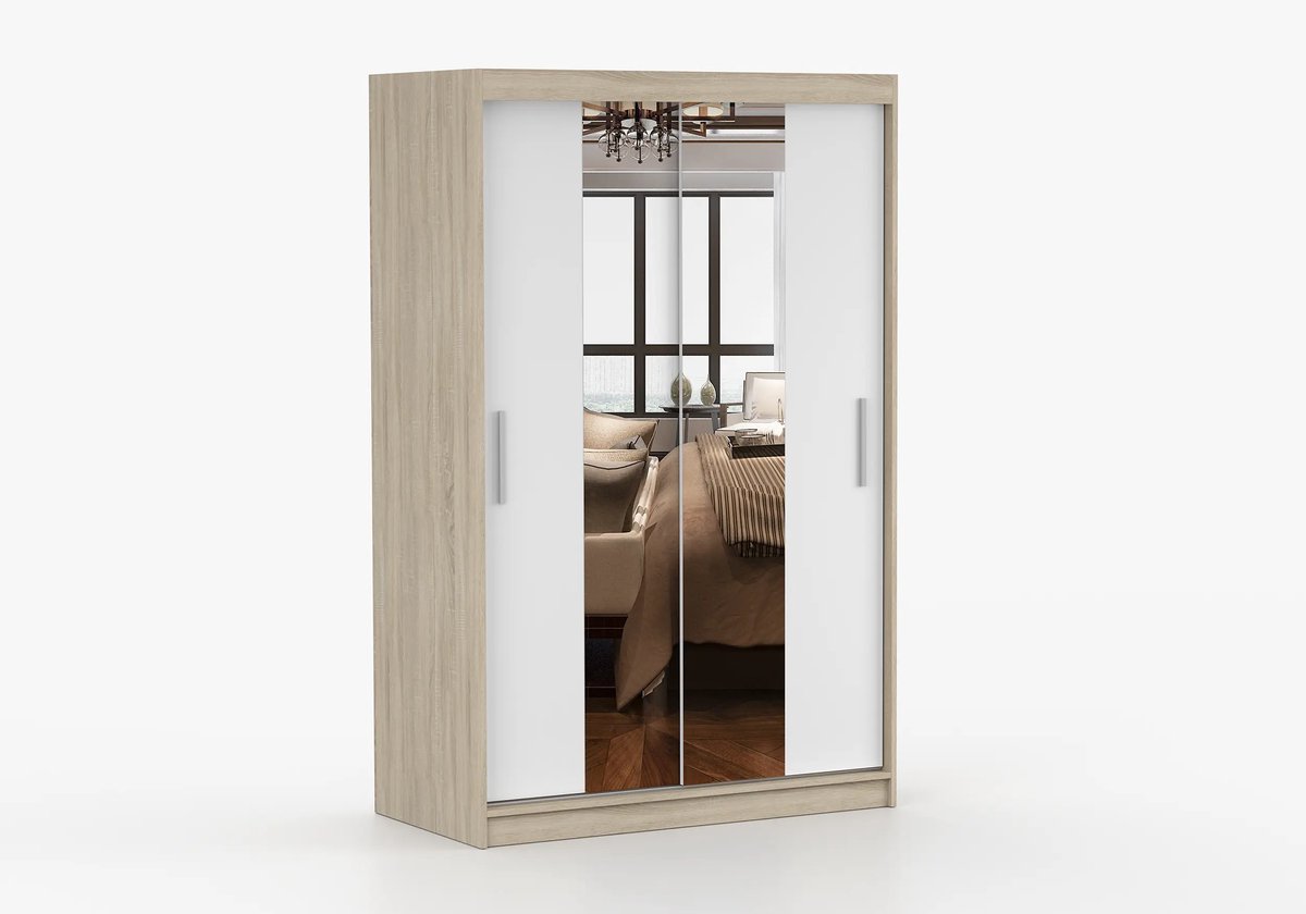 Schuifdeurkast NOAH 01 – 2-deurs kledingkast met spiegel, legplanken en kledingroede – modern design – 120x200x61 cm - NOAH 01 (Sonoma + Wit)