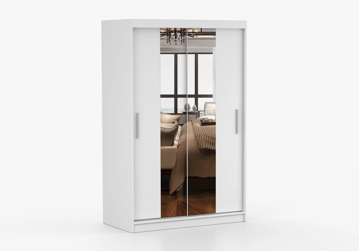 Schuifdeurkast NOAH 01 – 2-deurs kledingkast met spiegel, legplanken en kledingroede – modern design – 120x200x61 cm - NOAH 01 (Wit)