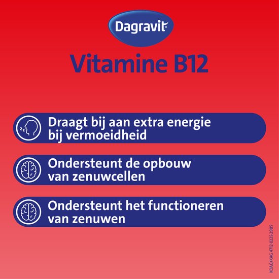 Dagravit Vitamine B12 1000µg - Draagt bij aan extra energie bij vermoeidheid en ondersteunt het functioneren van de zenuwen - 100 smelttabletten