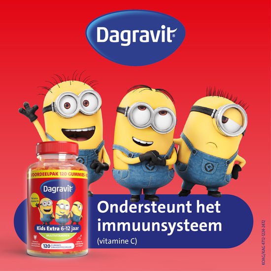 Drie Minions naast een pot met 120 Dagravit Kids Extra multivitamine gummies, met tekst "Ondersteunt het immuunsysteem".