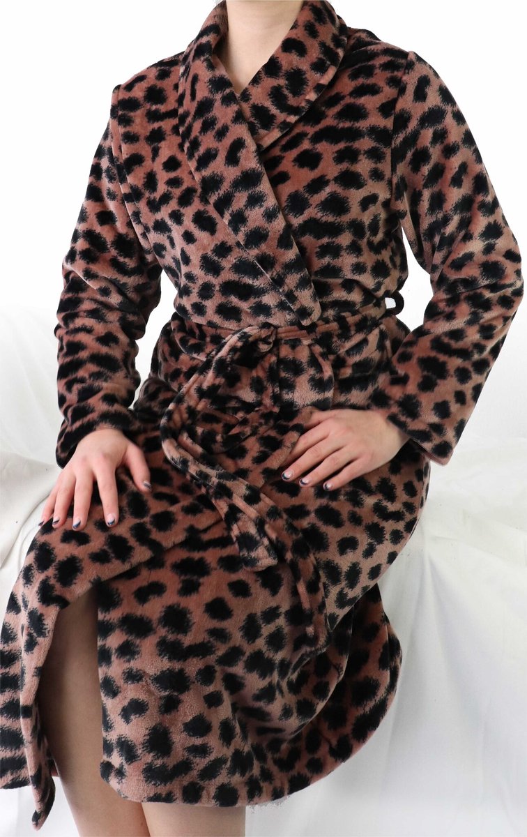 Irresistible Dames Ochtendjas - Fleece - Panterprint - Bruin - Maat L