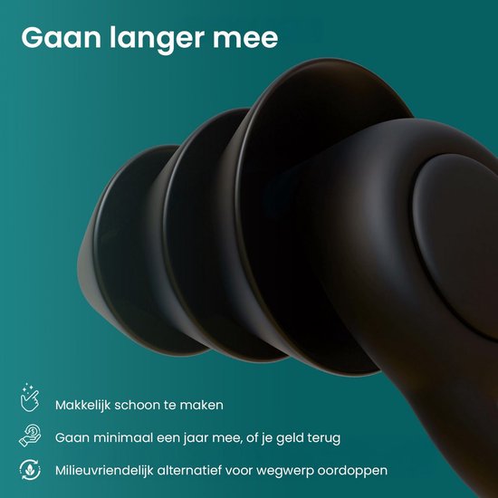 Close-up van de zwarte MR. PANACHE oordopjes, die lang meegaan en een milieuvriendelijk alternatief zijn.