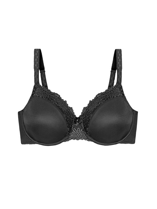 Soutien-gorge noir à bonnets lisses, détails en dentelle sur les bonnets et les bretelles, avec un nœud au centre devant.