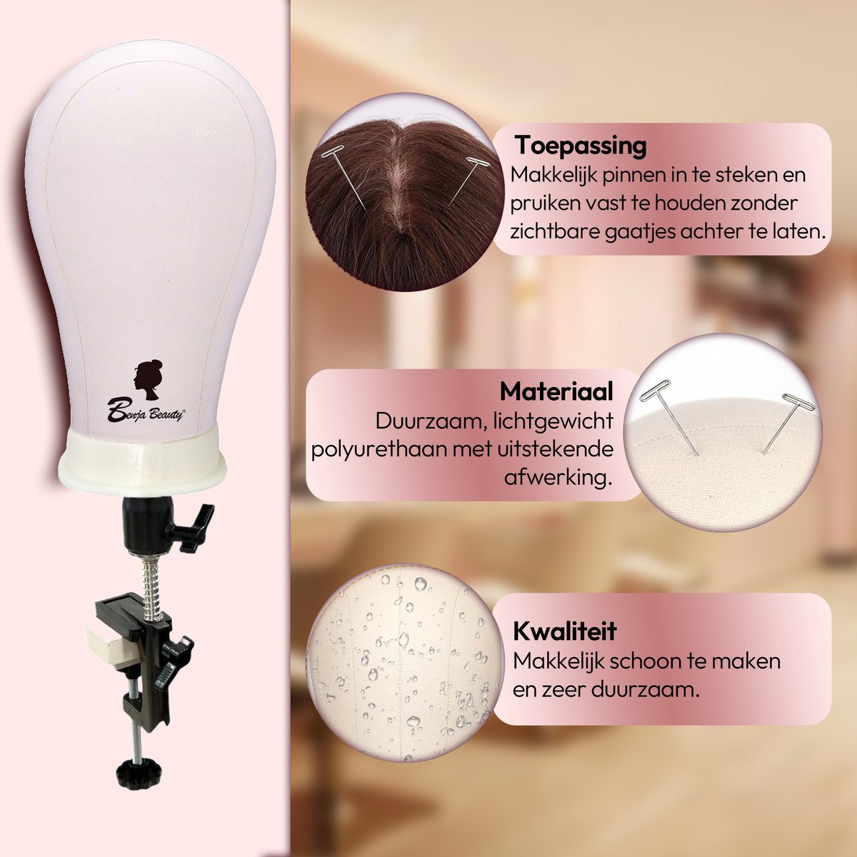 BenjaBeauty Oefenhoofd - Mannequin hoofd - Kappershoofd - Pruikenstandaard - Pruiken dames - Pruik - Satijn - 24 inch — afbeelding 3