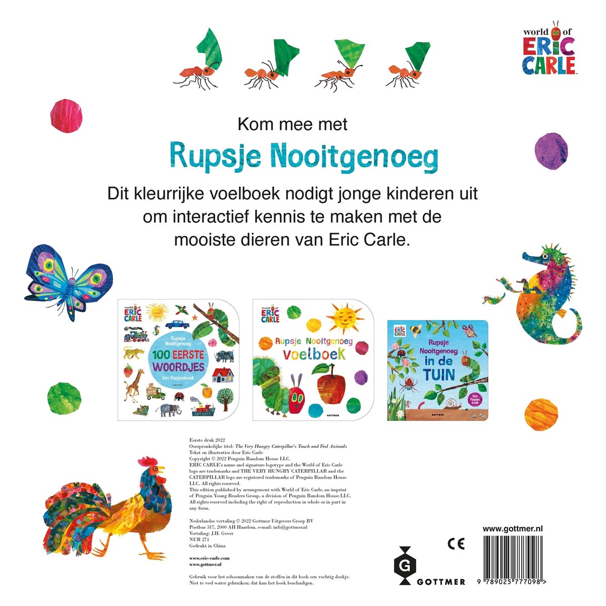 De achterkant van een Eric Carle 'Rupsje Nooitgenoeg' boek met illustraties van mieren, een vlinder, een zeepaardje, een haan en verschillende dieren.