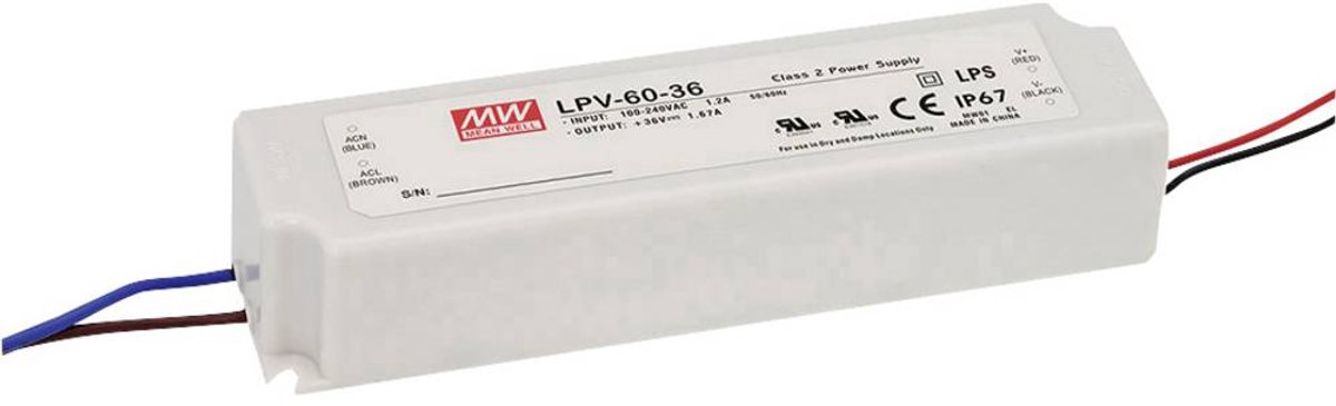Mean Well LPV-60-48 LED-transformator Constante spanning 60 W 0 - 1.25 A 48 V/DC Niet dimbaar, Overbelastingsbeschermin