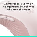Roze Logitech muis met een comfortabele vorm en geribbelde zijkanten.