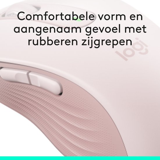 Roze Logitech muis met een comfortabele vorm en geribbelde zijkanten.