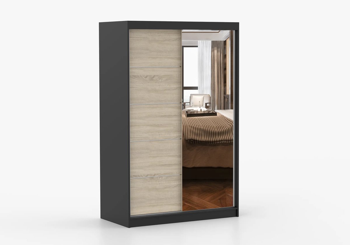 Schuifdeurkast NOAH 05 – 2-deurs kledingkast met spiegel, legplanken en kledingroede – modern design – 120x200x61 cm - NOAH 05 (Zwart + Sonoma)