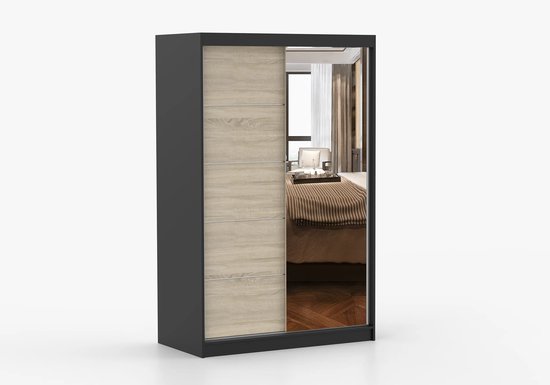 Armoire à portes coulissantes NOAH 05 – Armoire 2 portes avec miroir, étagères et tringle à vêtements – Design moderne – 120 x 200 x 61 cm - NOAH 05 (Zwart + Sonoma)