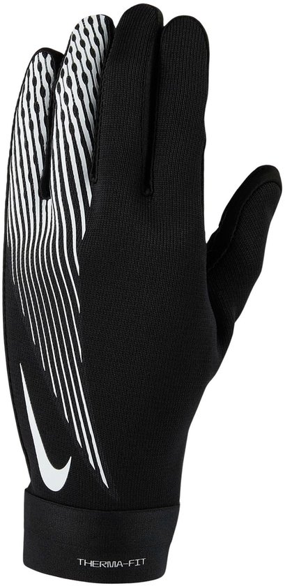 Zwarte Nike handschoen met Therma-FIT, met witte lijnenpatroon op de handrug en Nike logo.