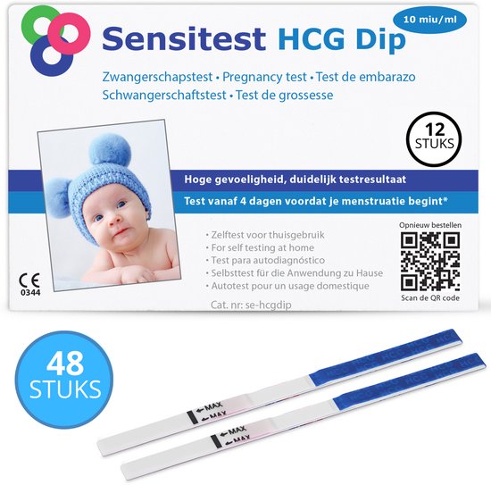 Sensitest Zwangerschapstest Dipstick – 48 stuks – 10 mIU/ml – Test vanaf 6 dagen vóór menstruatie – Uitslag in 5 minuten – Inclusief handleiding & zwangerschapskalender